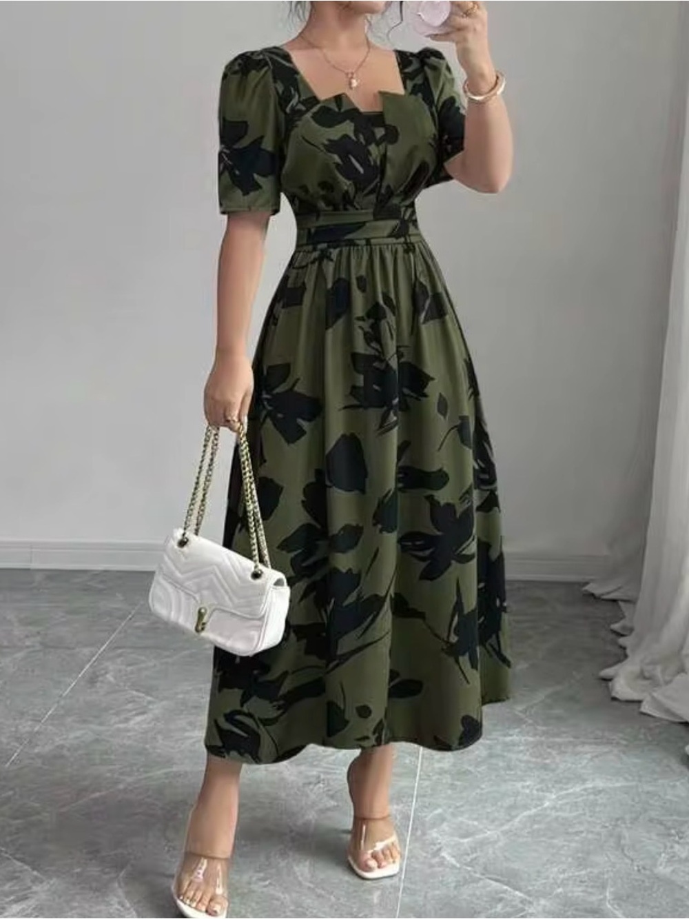 Olive Green Floral Midi Dress - Elegant Puff Sleeve
